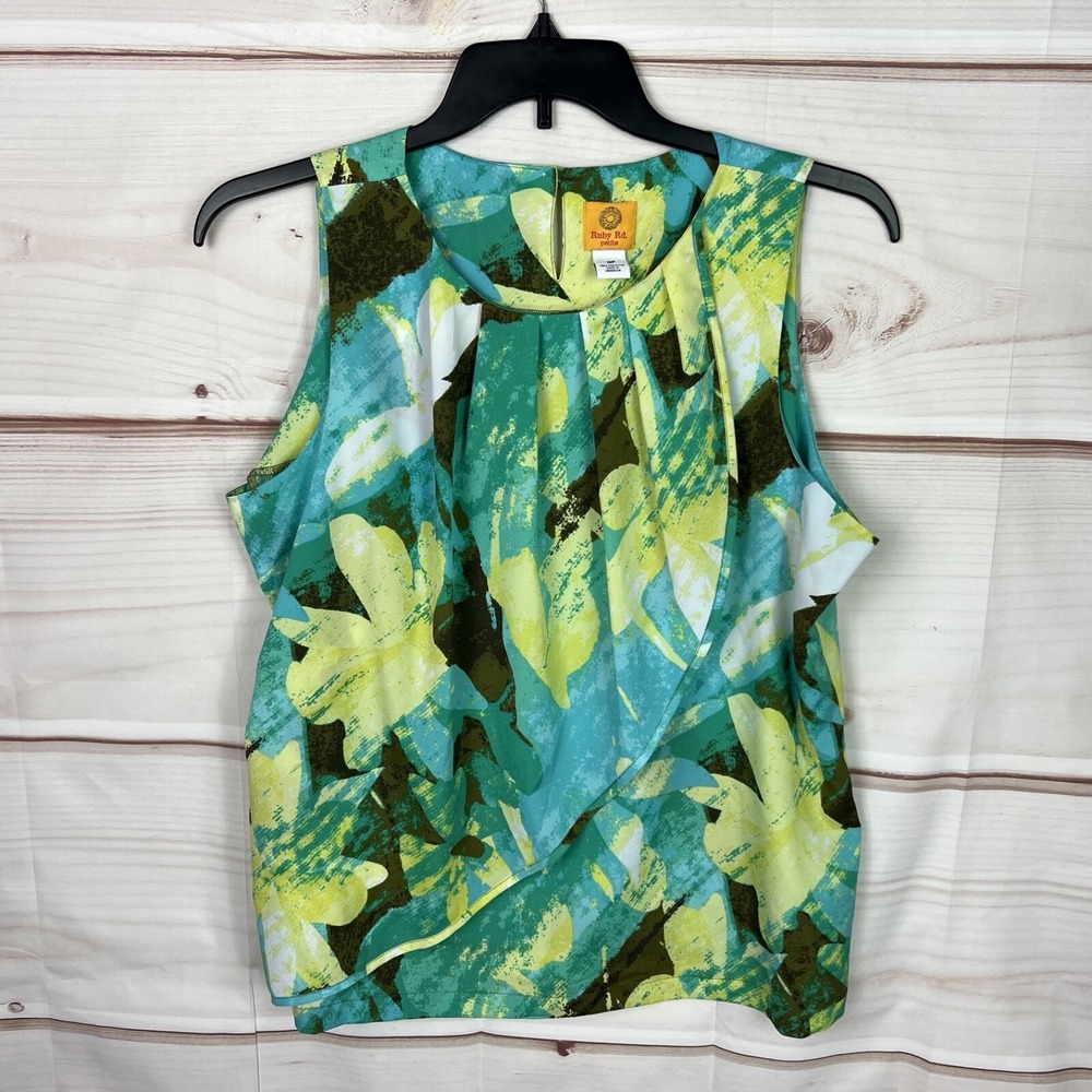 Ruby Rd Top Womens 16P Green Yellow Floral Blouse Sleeveless layered Pleated